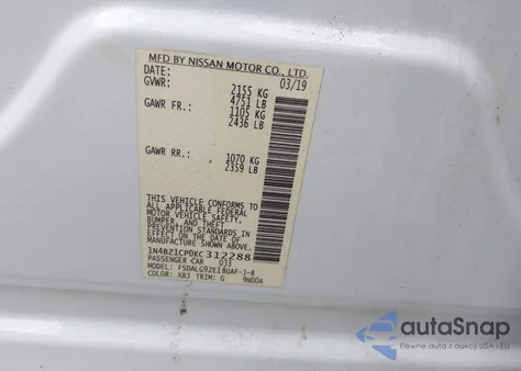 2019 Nissan Leaf S Plus/Sl Plus/Sv Plus из США, поврежденный, VIN 1N4BZ1CP0KC312288